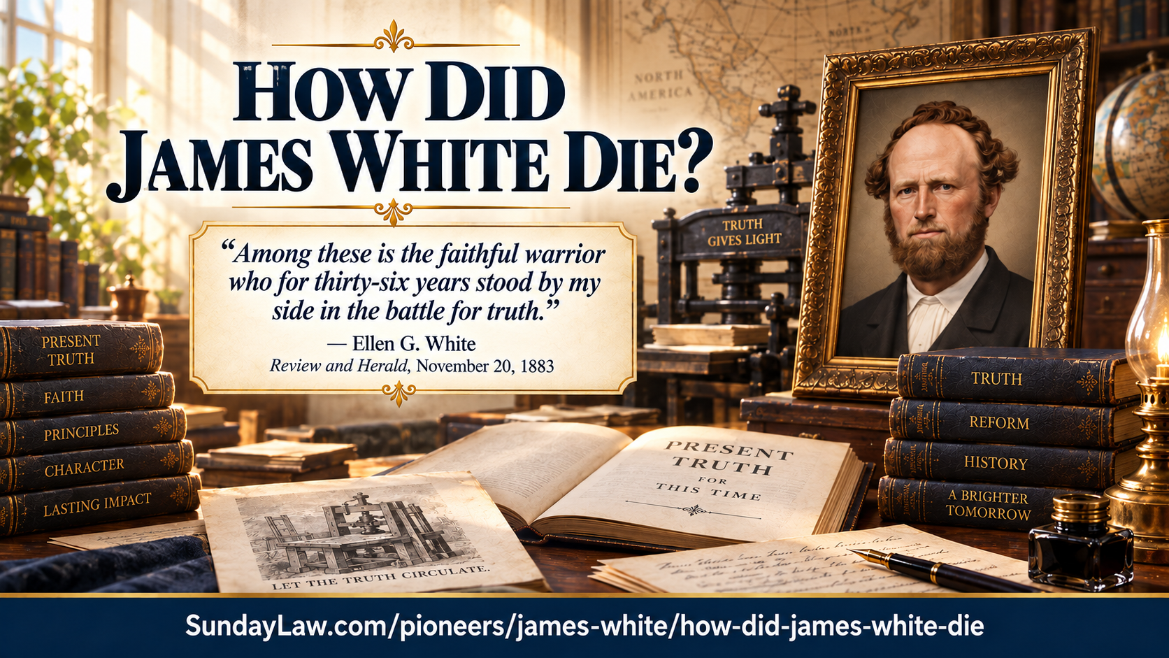 How Did James White Die? Ellen White's tribute: Among these is the faithful warrior who for thirty-six years stood by my side in the battle for truth. Review and Herald, November 20, 1883.