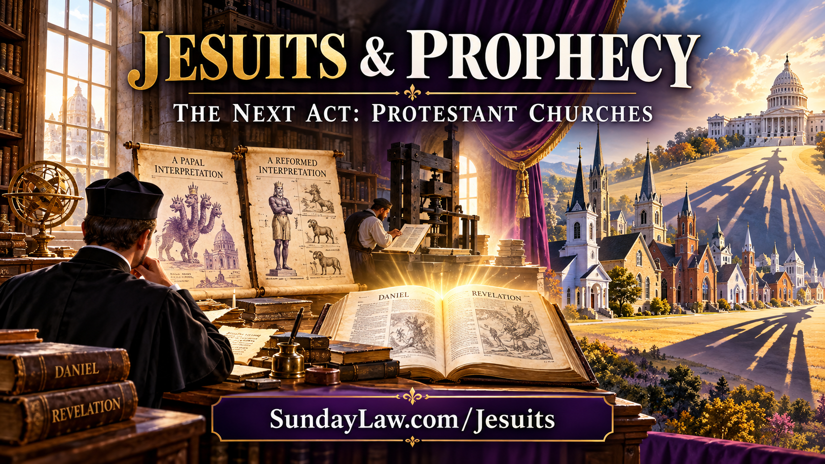 Editorial illustration presenting the Jesuits, Protestant Bible testimony, and church-state power in a historical investigation.