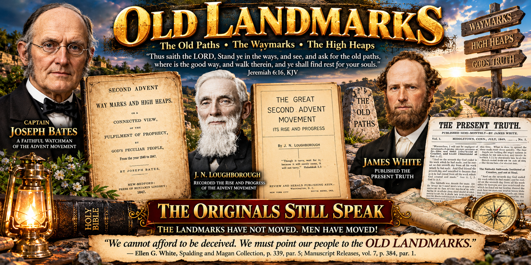 Old Landmarks artwork featuring Advent pioneers Joseph Bates, James White, and J. N. Loughborough, with the waymarks and high heaps.