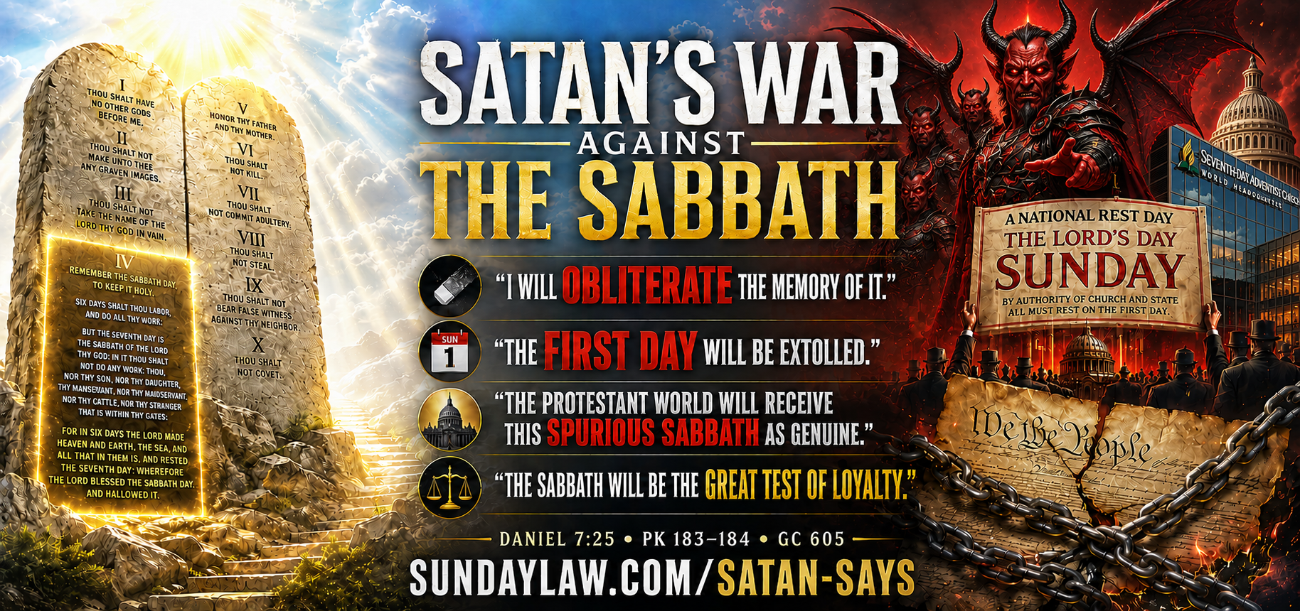Satan and fallen angels pictured beside a contrast between counterfeit Sunday worship and the seventh-day Sabbath