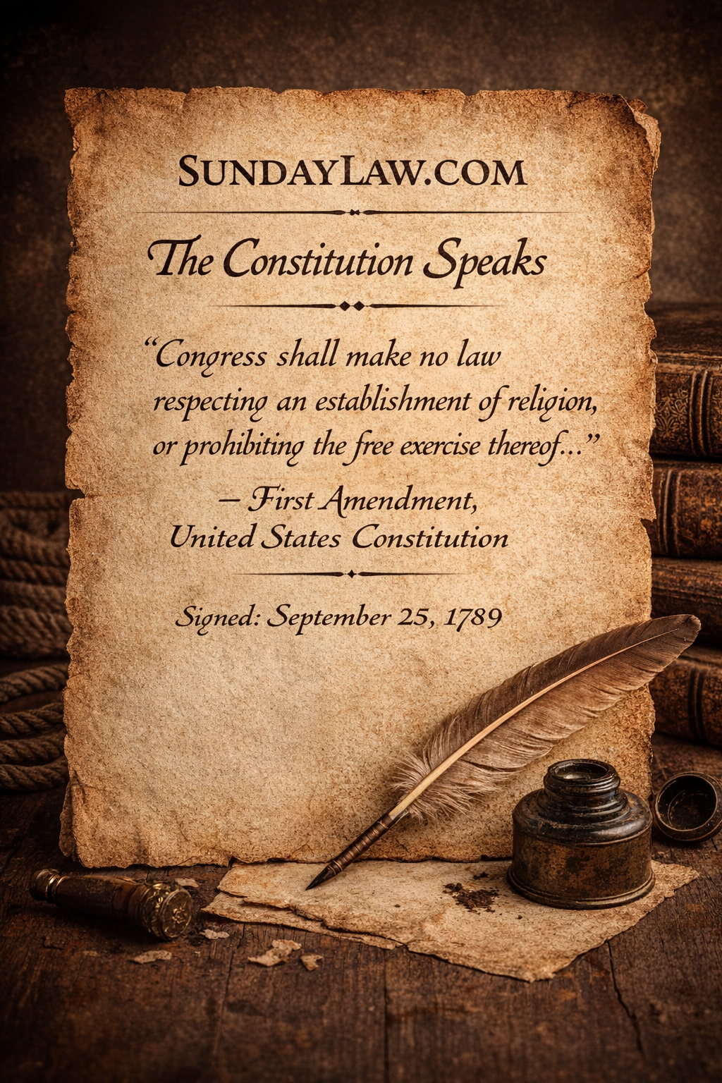 The First Amendment: Congress shall make no law respecting an establishment of religion, or prohibiting the free exercise thereof